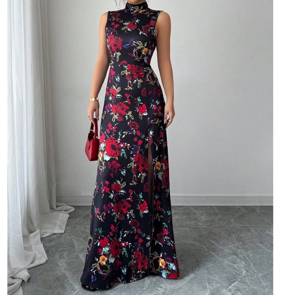 Boho Floral Print Split thigh Backless Sleeveless Maxi Dress - Picture 2 of 5